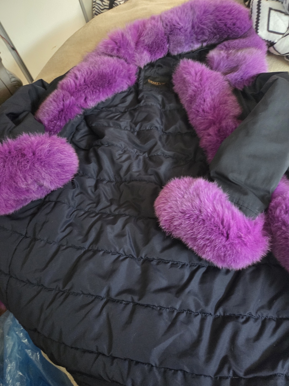 Black Ski Coat with Vibrant Purple Faux Fur Trim